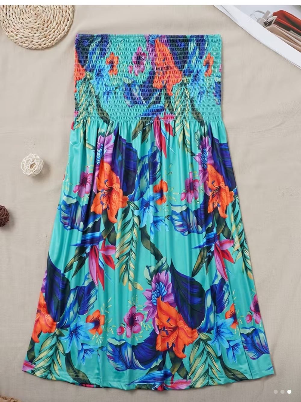 Tropical Turquoise Floral Midi Skirt with Smocked Waist